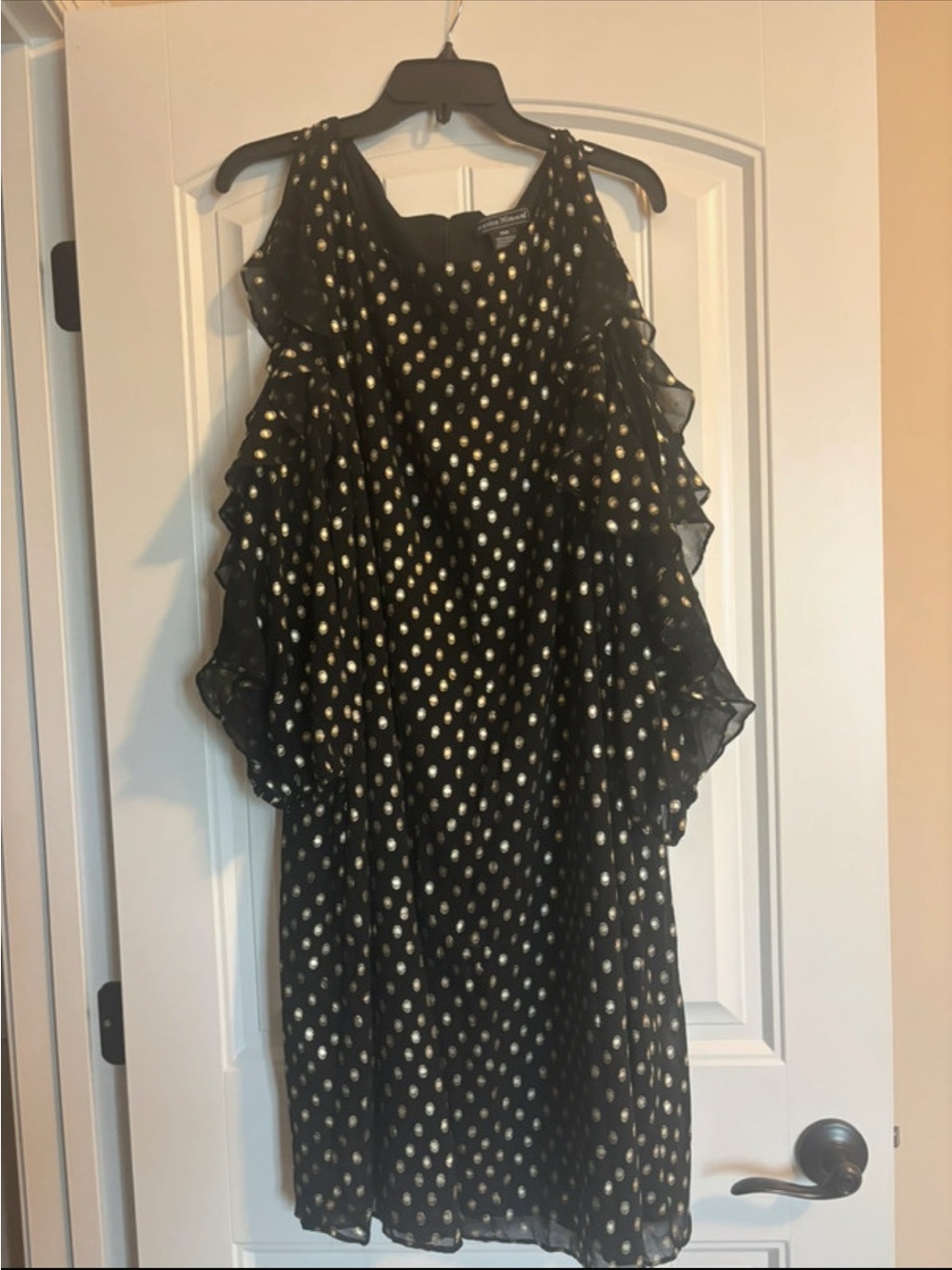 Jessica Howard Black Dress with Gold Polka Dots and Ruffle Sleeves